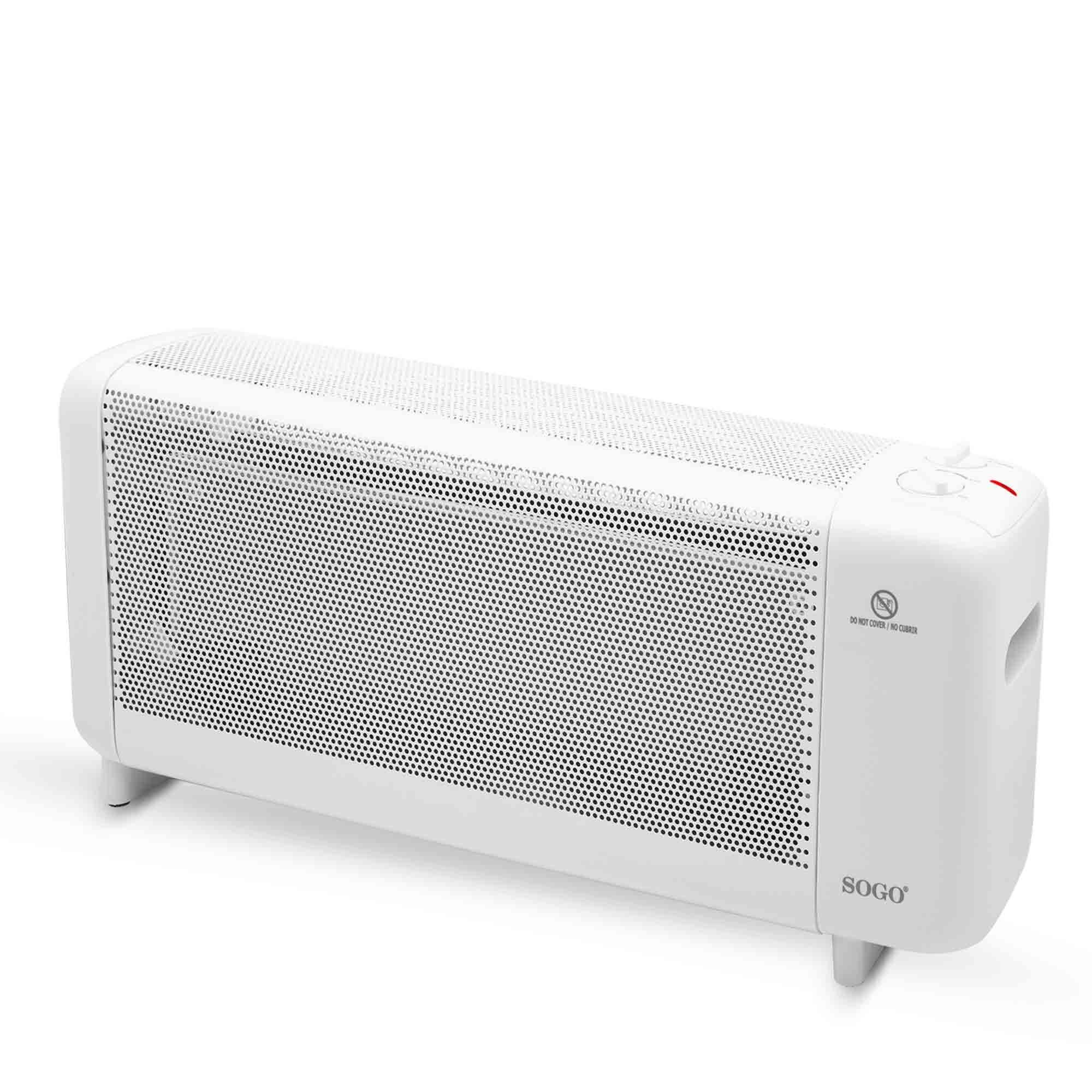 Radiador Sogo blanco con rejilla. Tiene el logo de Sogo.