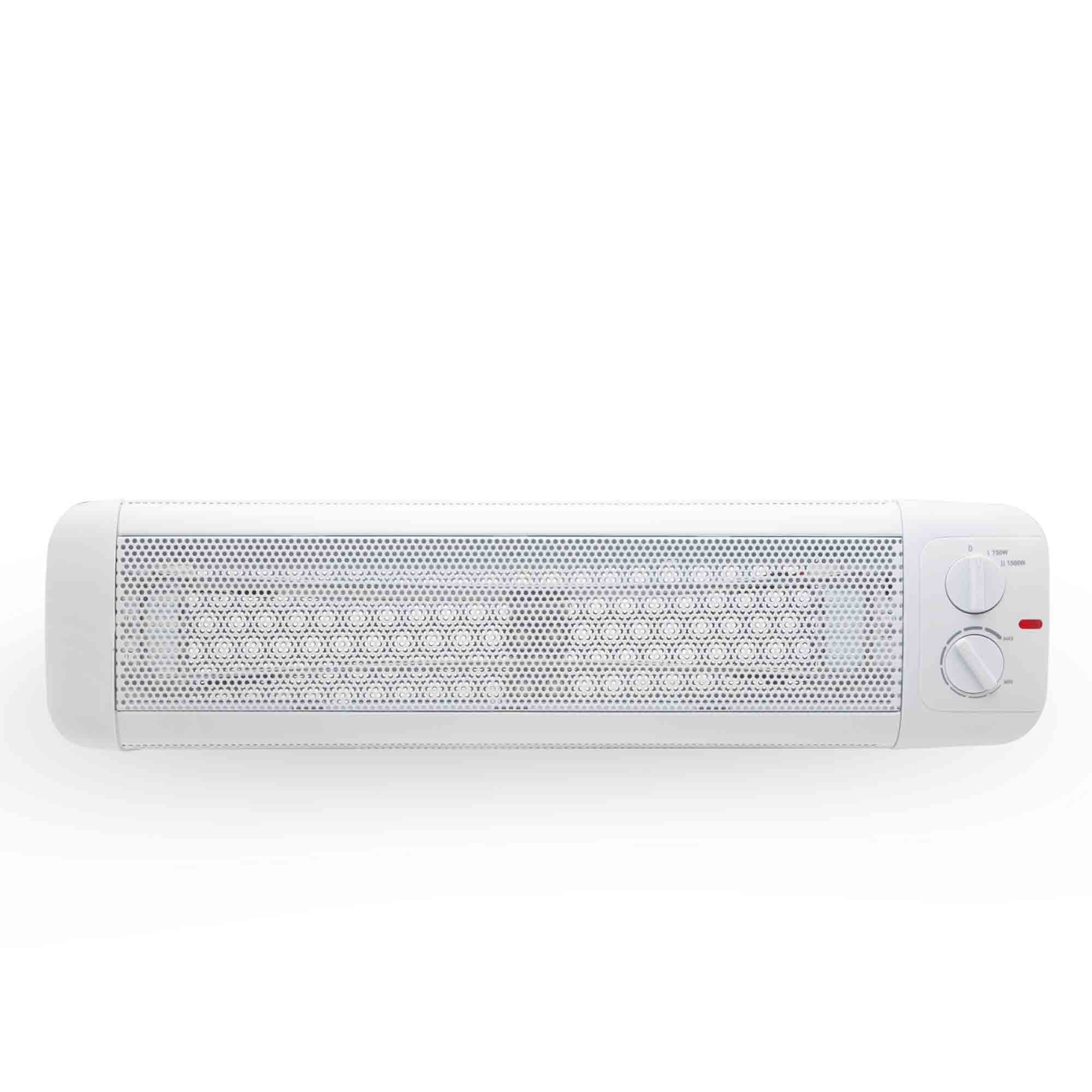 Calentador Sogo blanco con rejilla y controles. Luz roja, dos perillas. Muestra la temperatura.