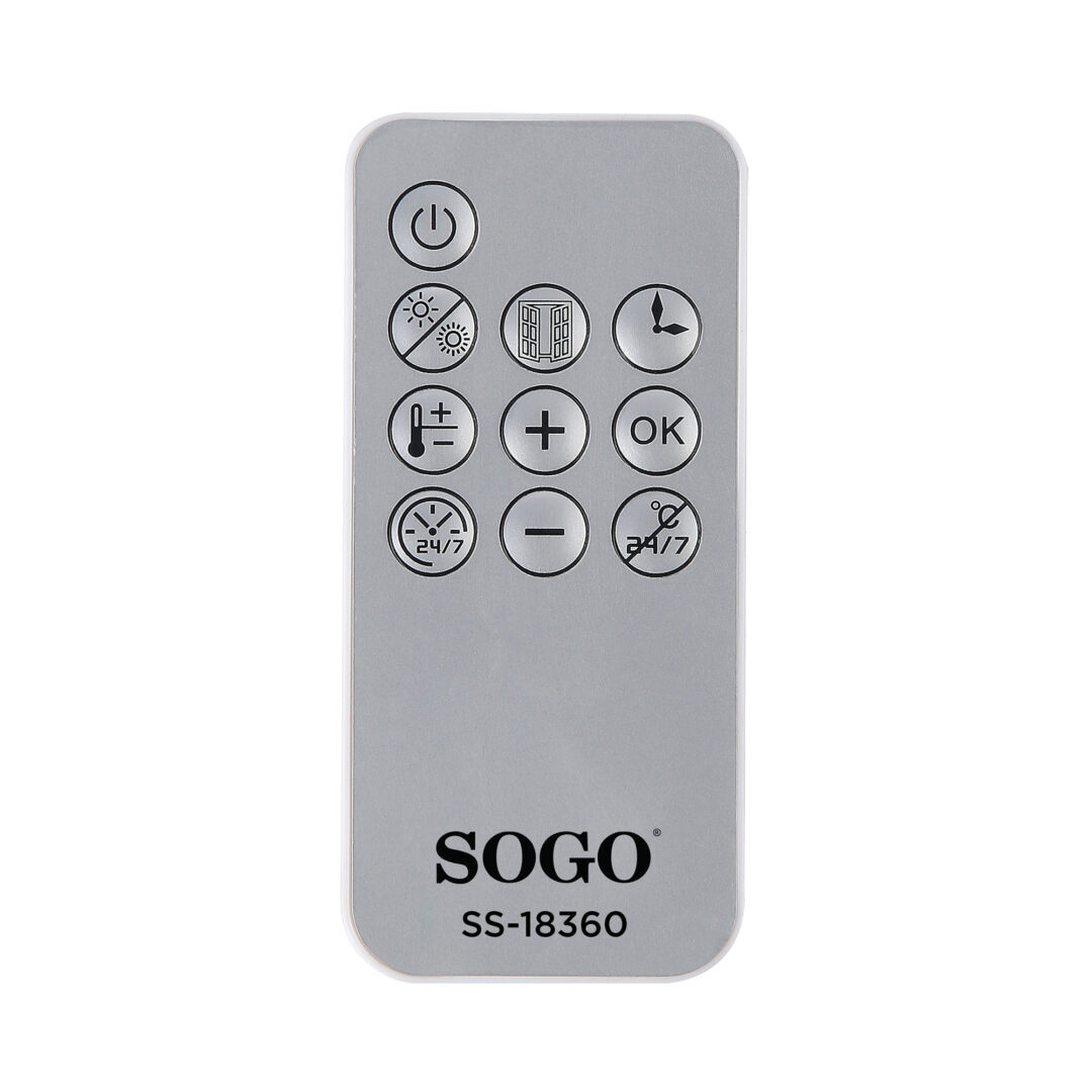 Un telecomando SOGO argento con pulsanti e testo. Sfondo bianco.