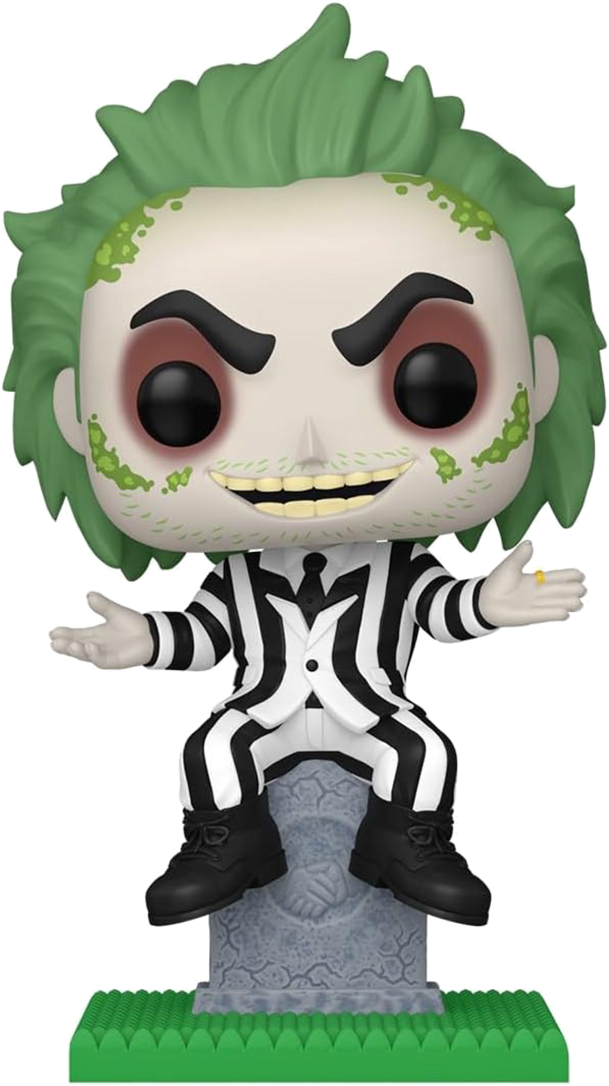 Statuetta di Beetlejuice. Indossa un abito a righe e ha i capelli verdi. È su una lapide.