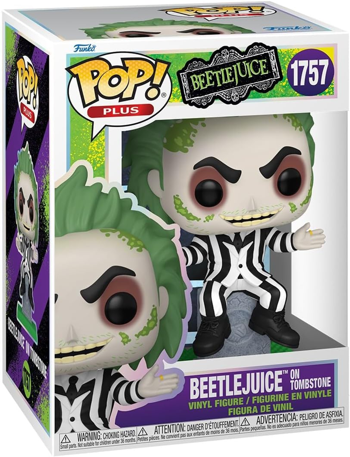 Figura Funko Pop di Beetlejuice in una scatola. La figura è in bianco e nero. Lo sfondo è verde.