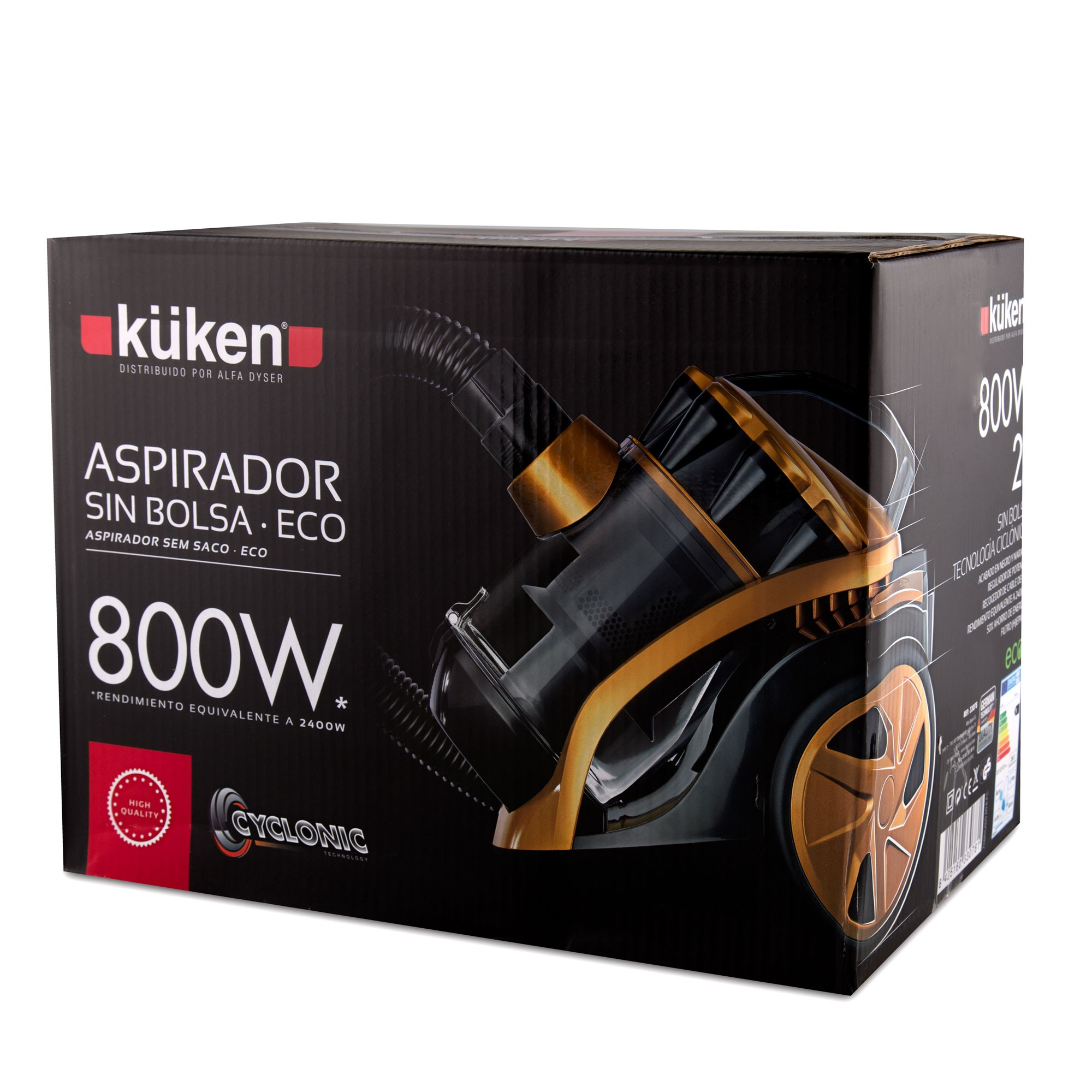 Una caja de una aspiradora. La caja es negra y dorada, dice "Kuken" en ella.