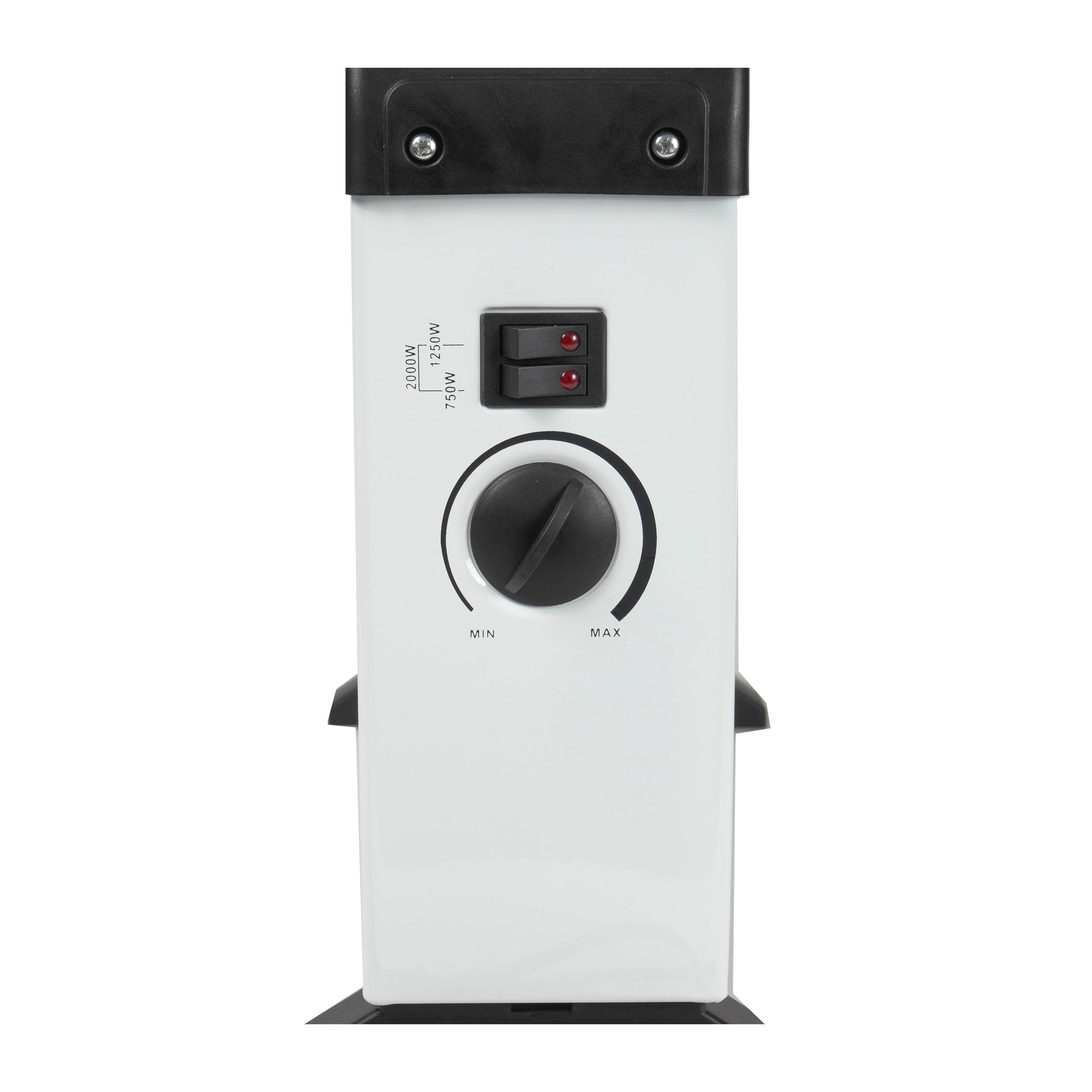Termoventilatore bianco, con comandi sul davanti. Ha una manopola nera, interruttori e un corpo bianco.