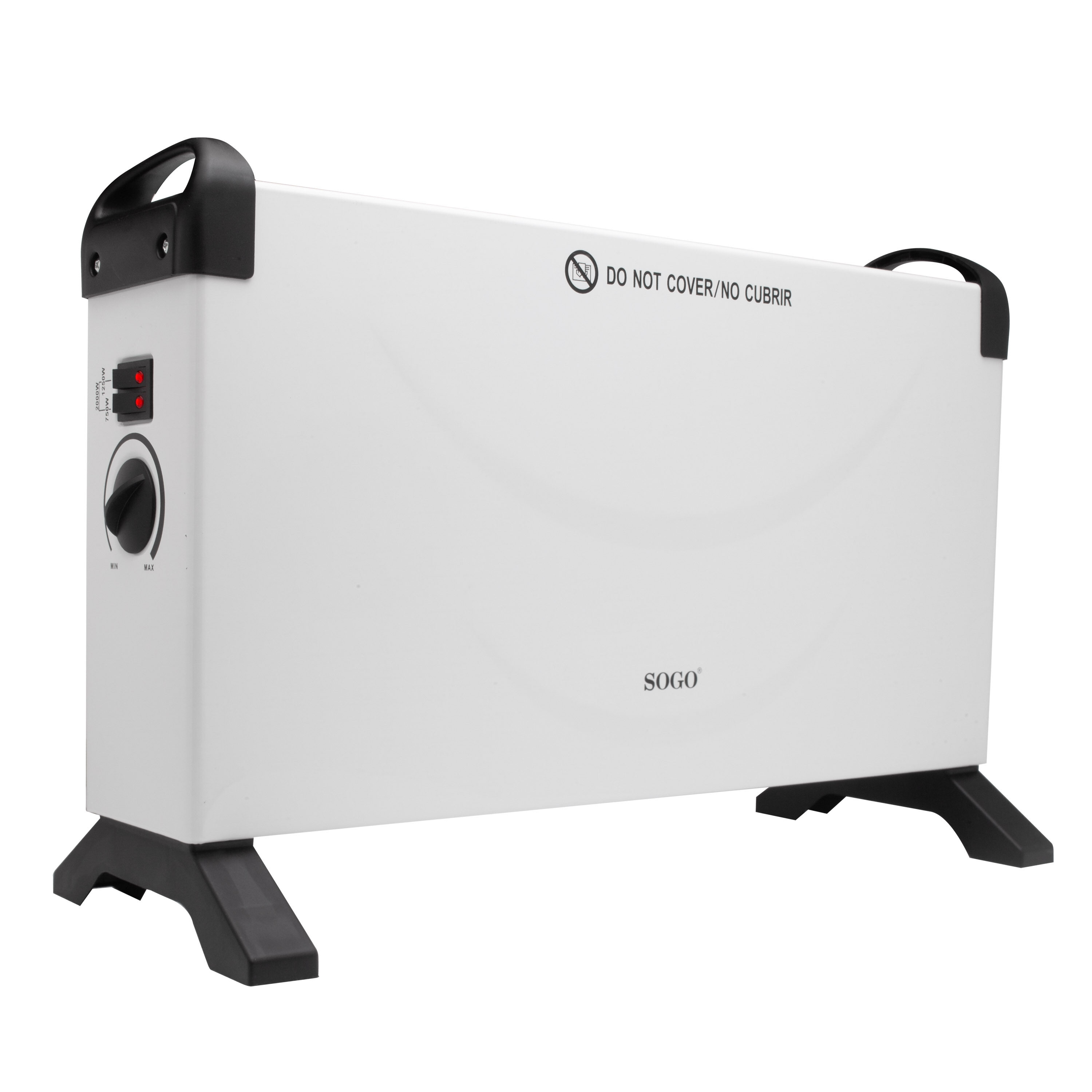 Termoventilatore bianco con maniglie nere e corpo bianco. Ha un'etichetta di avvertimento in spagnolo.