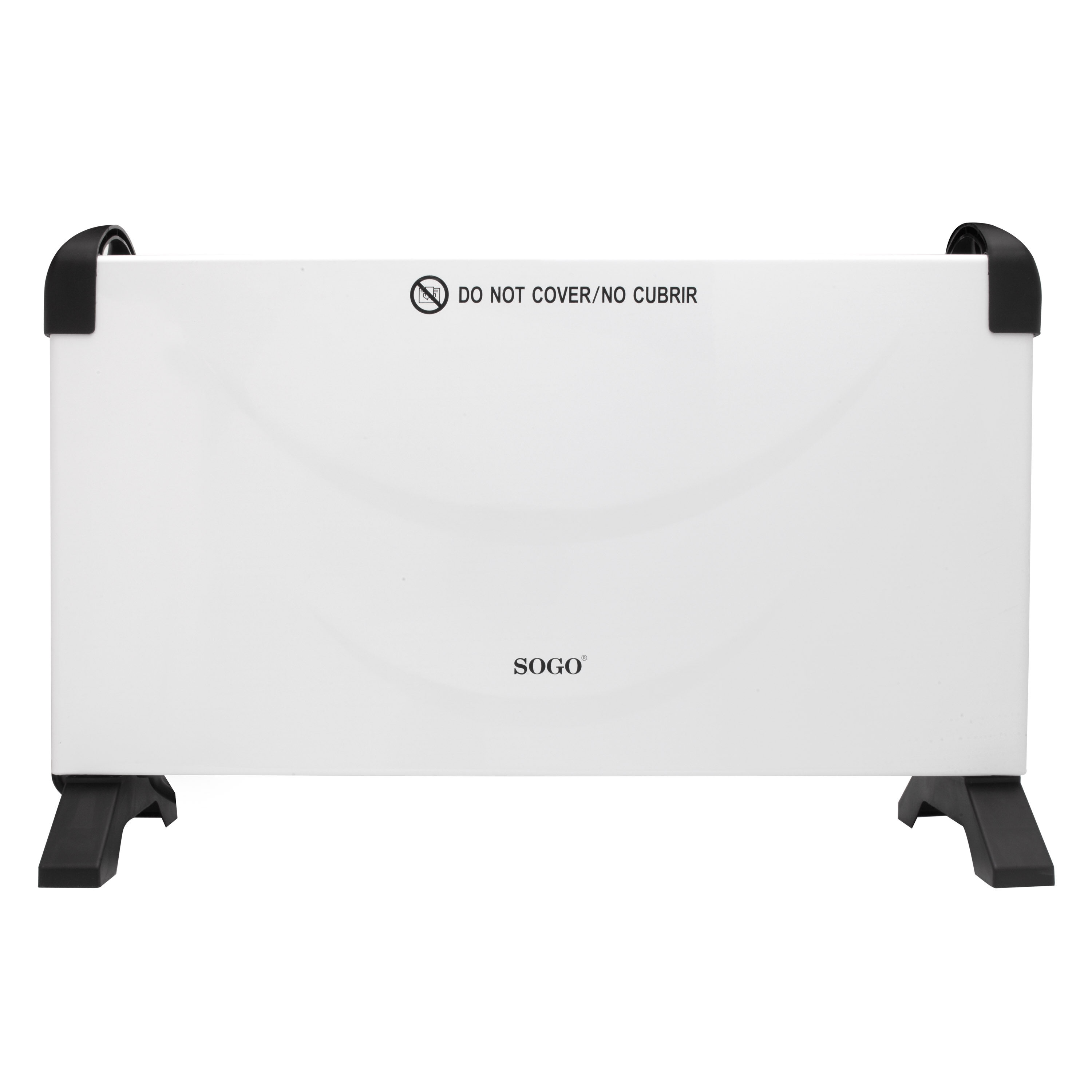 Termoventilatore bianco. Ha maniglie nere e un corpo bianco. C'è un'etichetta di avvertimento in spagnolo.