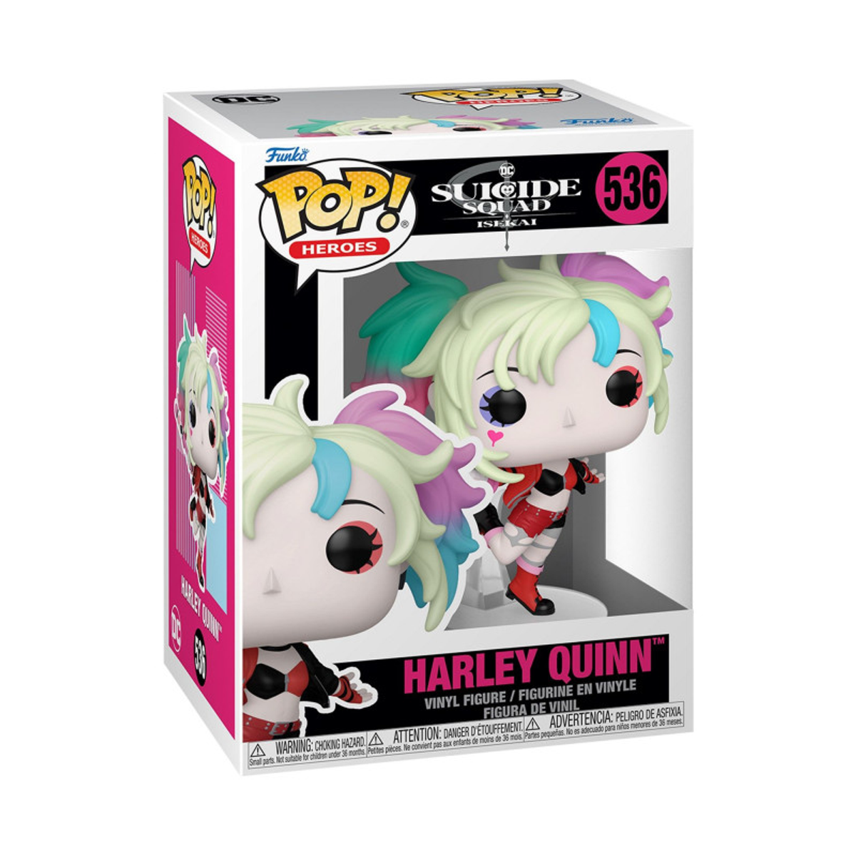 Figurka Funko Pop Harley Quinn na pudełku. Kolory biały, różowy i czarny. Tło jest białe.