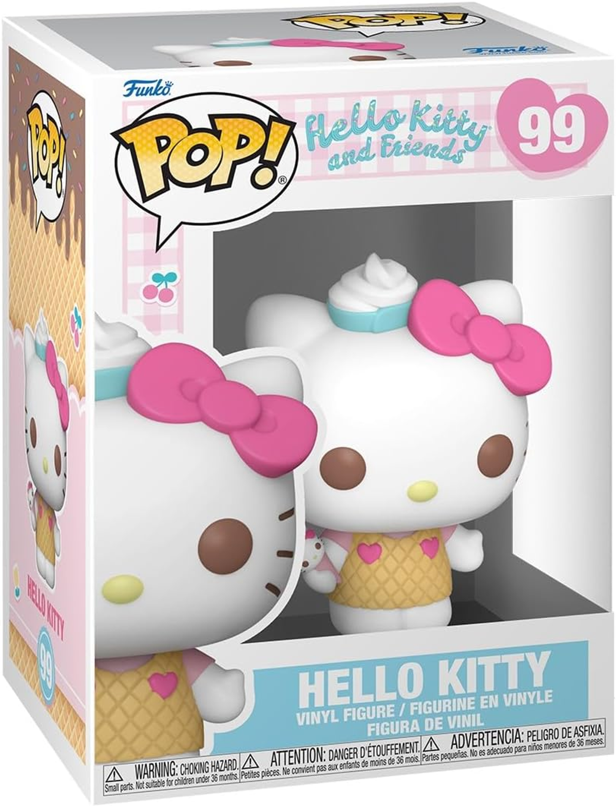 Figurka Hello Kitty w pudełku, w kostiumie rożka lodowego i z różową kokardą.