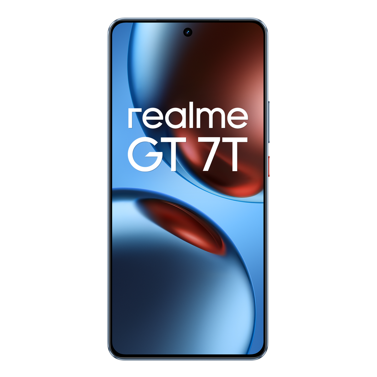 Telefon komórkowy z ekranem wyświetlającym logo Realme GT 7T.