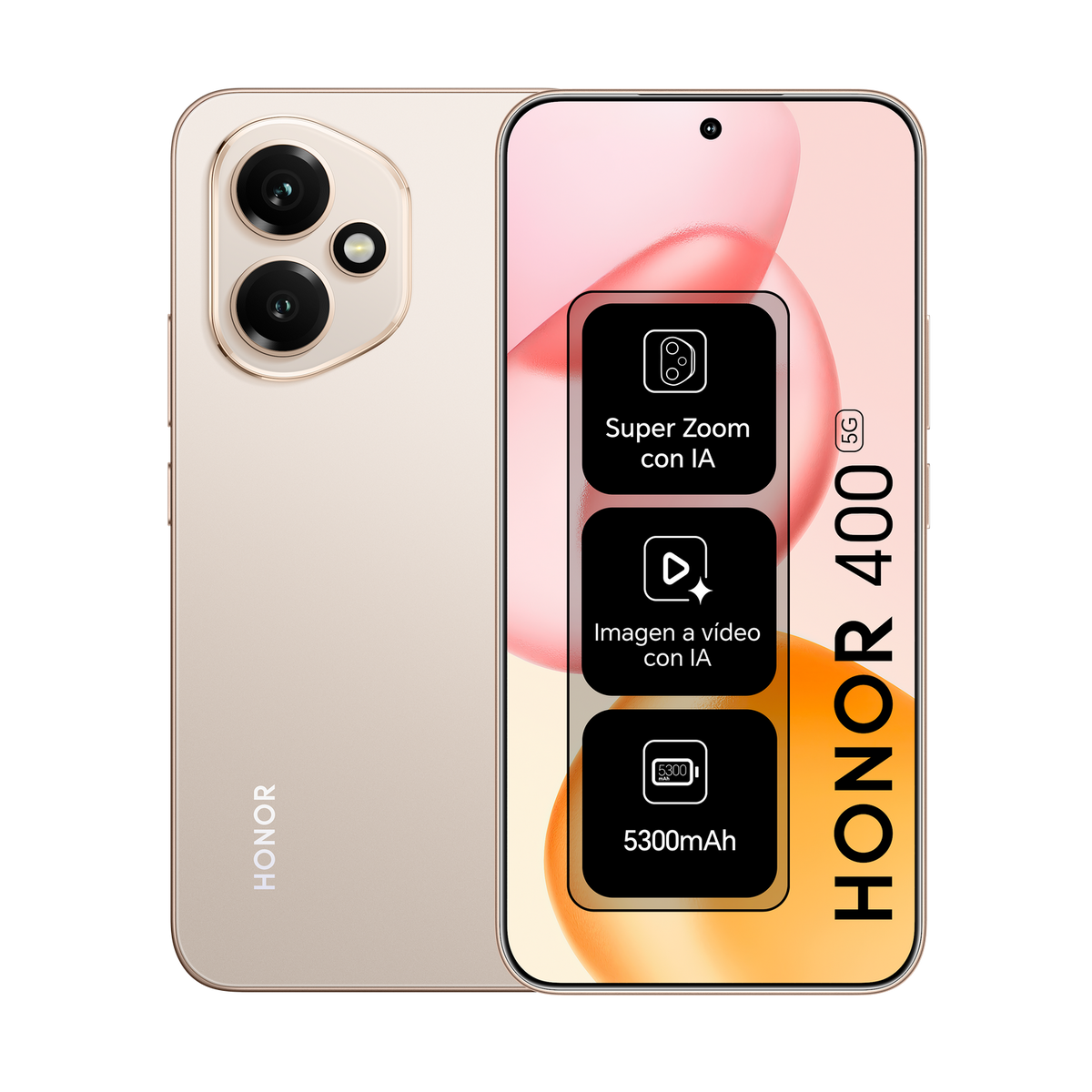 Ein goldenes Smartphone mit Display, das Funktionen wie Zoom, Video und Akku zeigt.