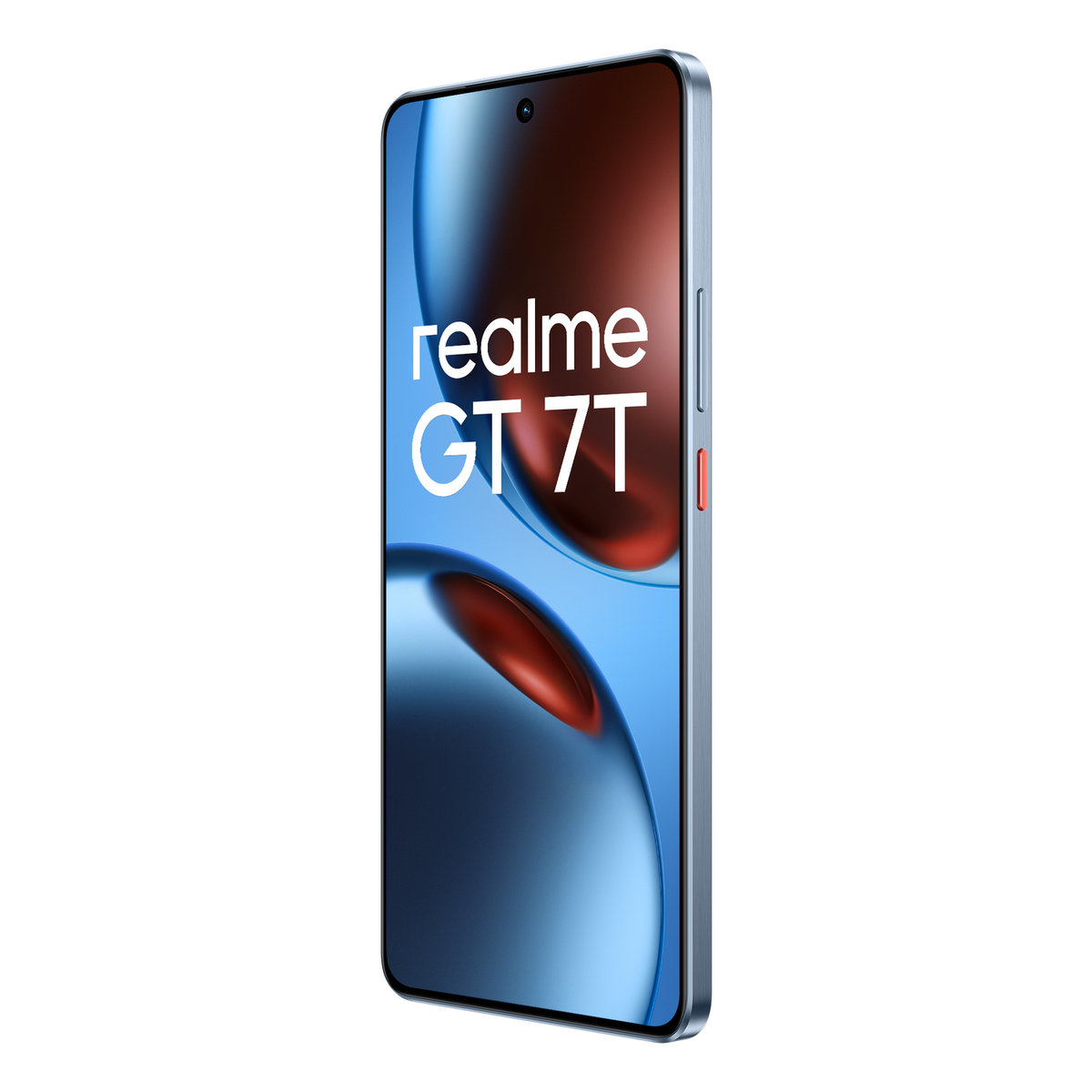 Smartfon Realme GT 7T. Niebieskie i czerwone gradienty na ekranie. Czarne tło.