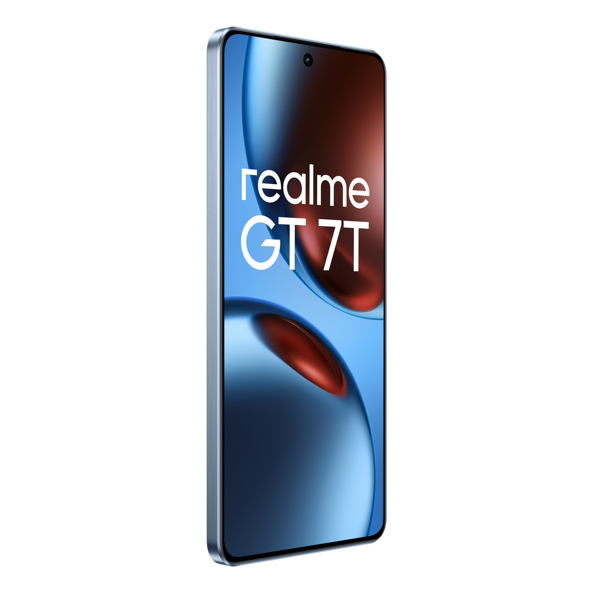 Smartfon Realme GT 7T. Niebieskie i czerwone gradienty na ekranie. Czarne tło.