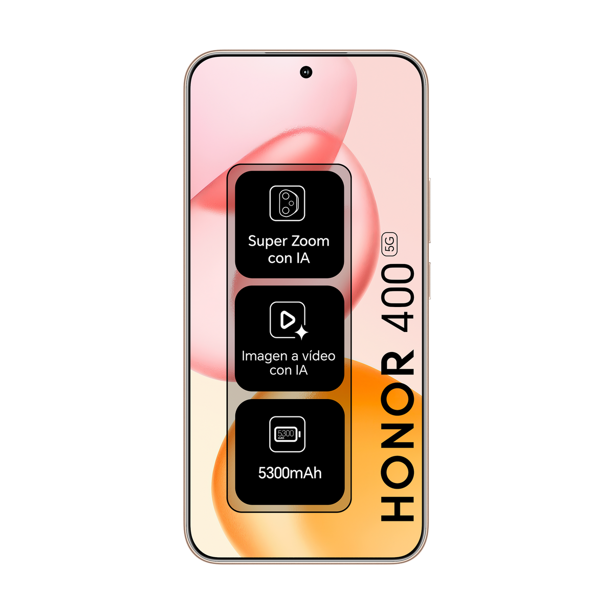 Smartphone mit Funktionen auf dem Bildschirm. Rosa- und Orangefarbverlauf. Schwarzer Hintergrund.