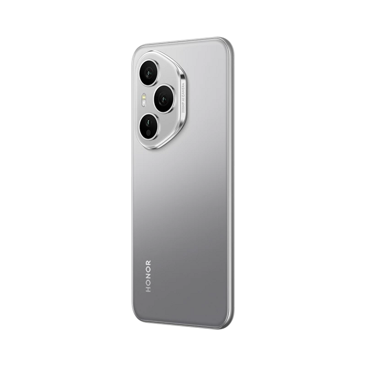 Widok z tyłu smartfona. Srebrny kolor. Trzy kamery. Logo HONOR. Czarne tło.