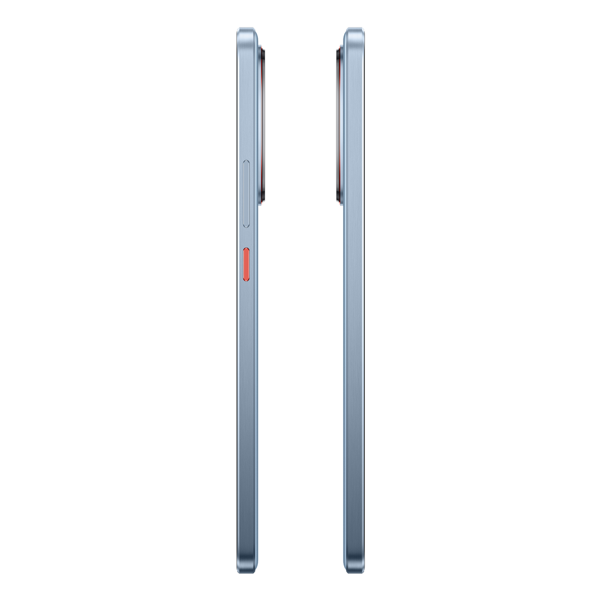 Dwa widoki boczne smartfona. Jasnoniebieski kolor, czerwony przycisk. Czarne tło.