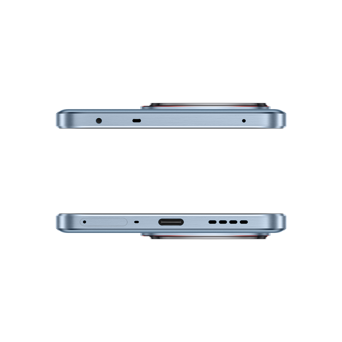 Krawędzie telefonu, niebieskie, czarne tło. Widoczne porty i otwory głośnika.