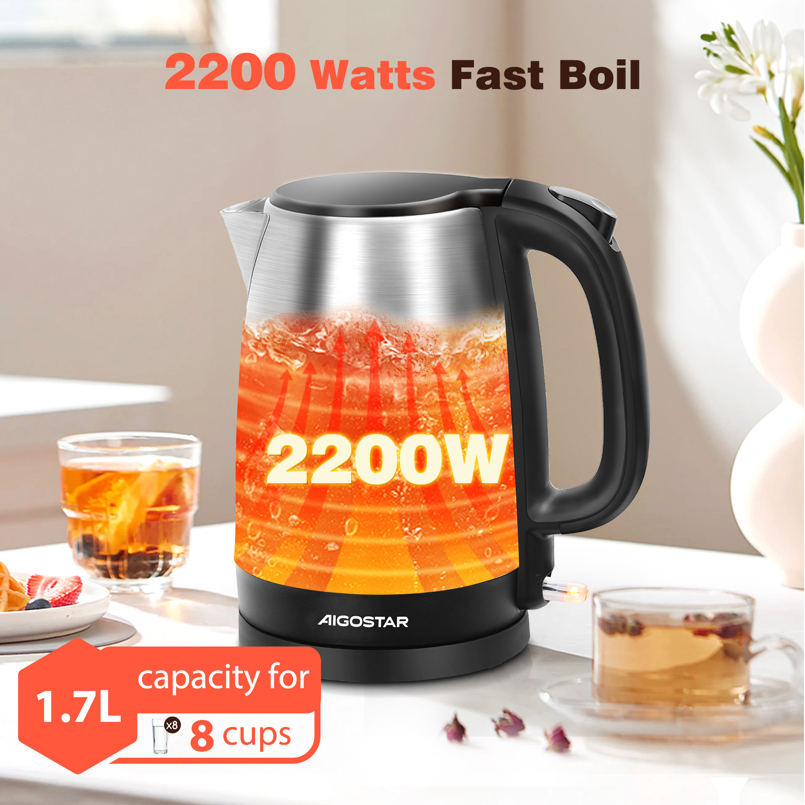 Hervidor eléctrico plateado. Base y asa negras. 2200W, 1.7L. Dos tazas de té.