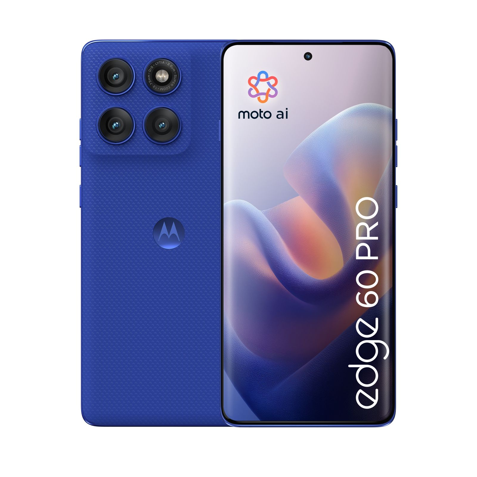 Niebieski telefon, cztery aparaty, czarne tło. Logo Moto AI. Tekst Edge 60 Pro.