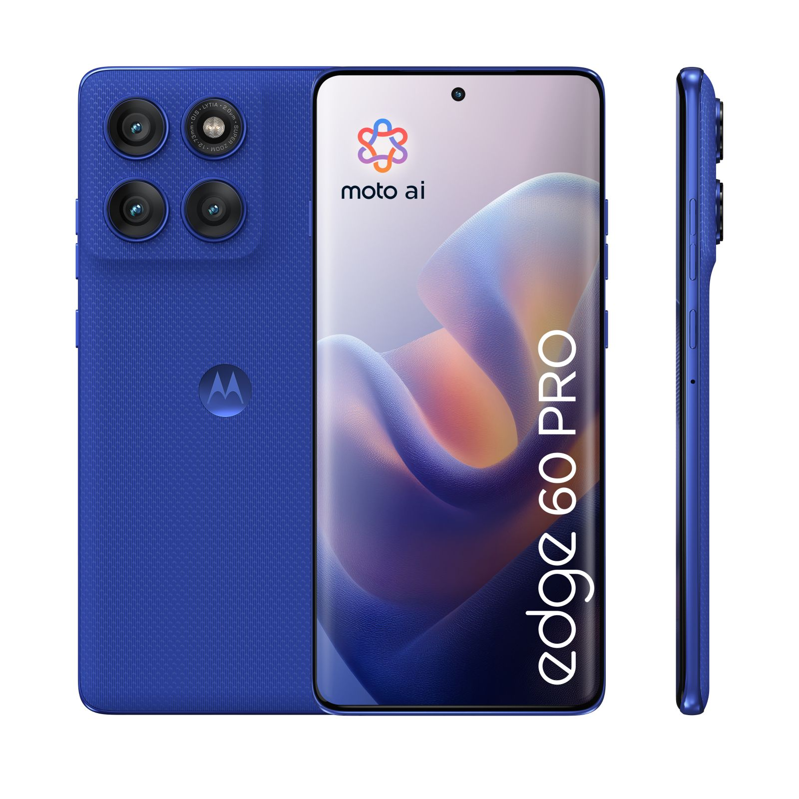 Niebieski smartfon Moto Edge 60 Pro z wieloma aparatami z tyłu, widok z przodu i profil boczny.