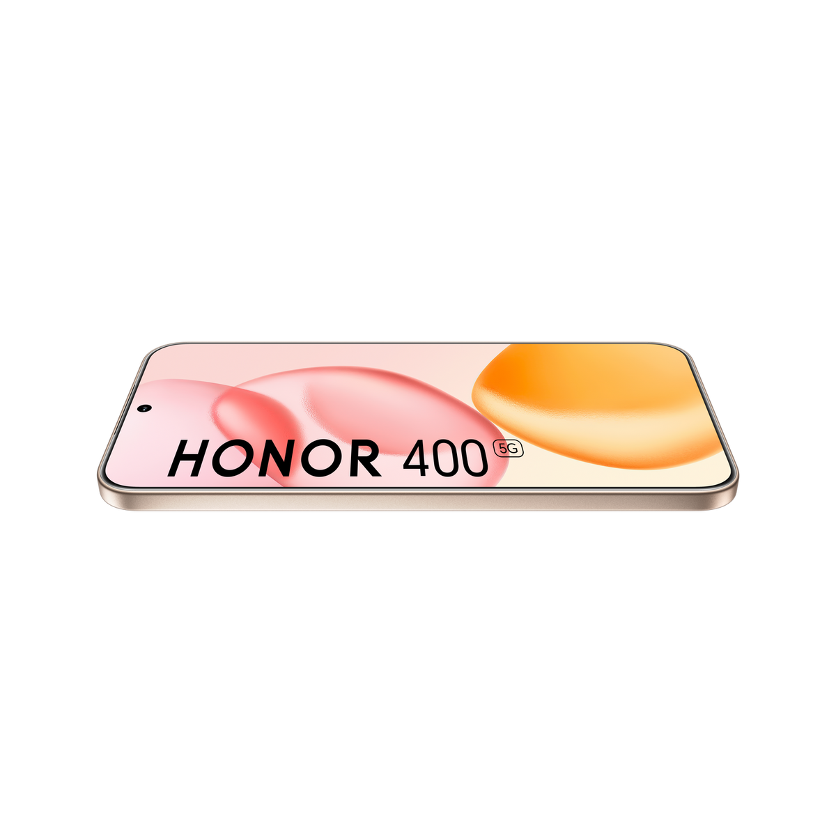 Smartfon Honor 400, widok pod kątem, z ekranem pokazującym abstrakcyjne różowe i pomarańczowe kształty.