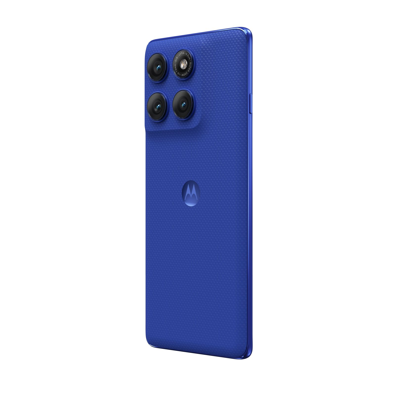 Niebieski smartfon Moto z wieloma aparatami z tyłu i logo Motorola.