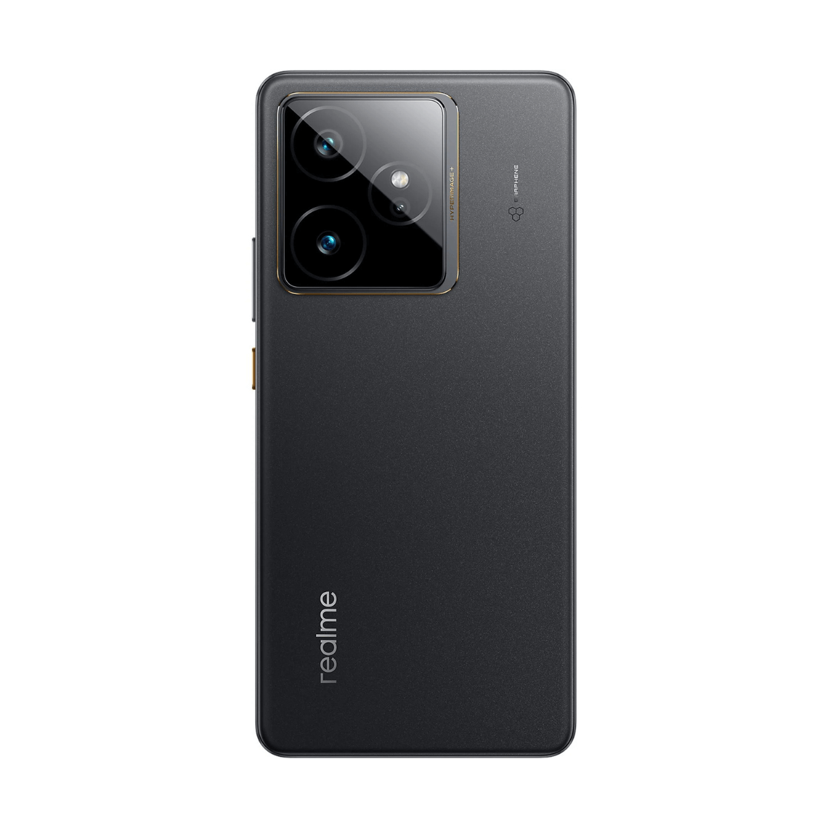 Czarny smartfon realme z wieloma tylnymi aparatami i logo realme.