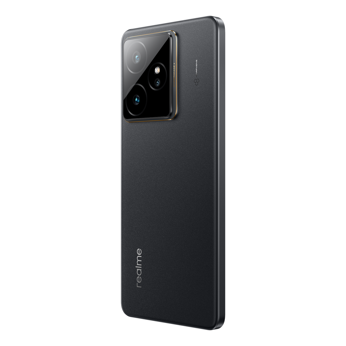 Czarny smartfon realme z wieloma aparatami, widok pod kątem, na czarnym tle.