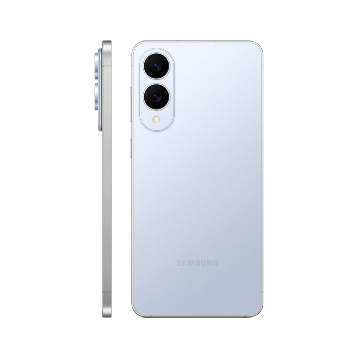 Jasnoniebieski telefon, widok z przodu i z boku. Białe tło.