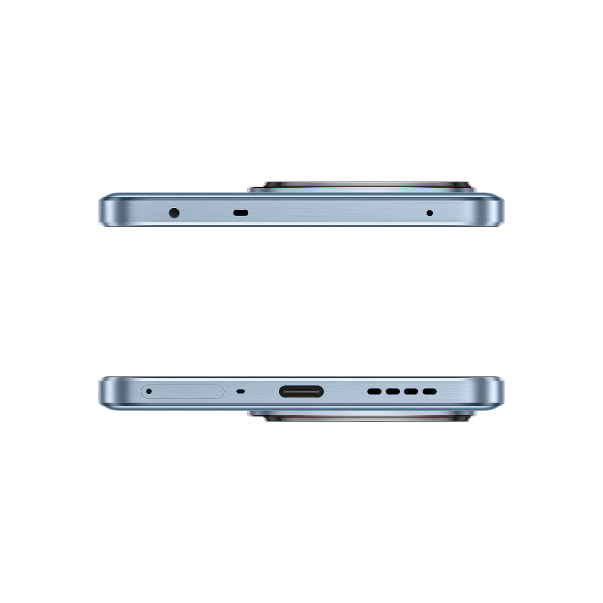 Widok z boku dwóch telefonów. Widoczne są góra i dół. Jasnoniebieski kolor.