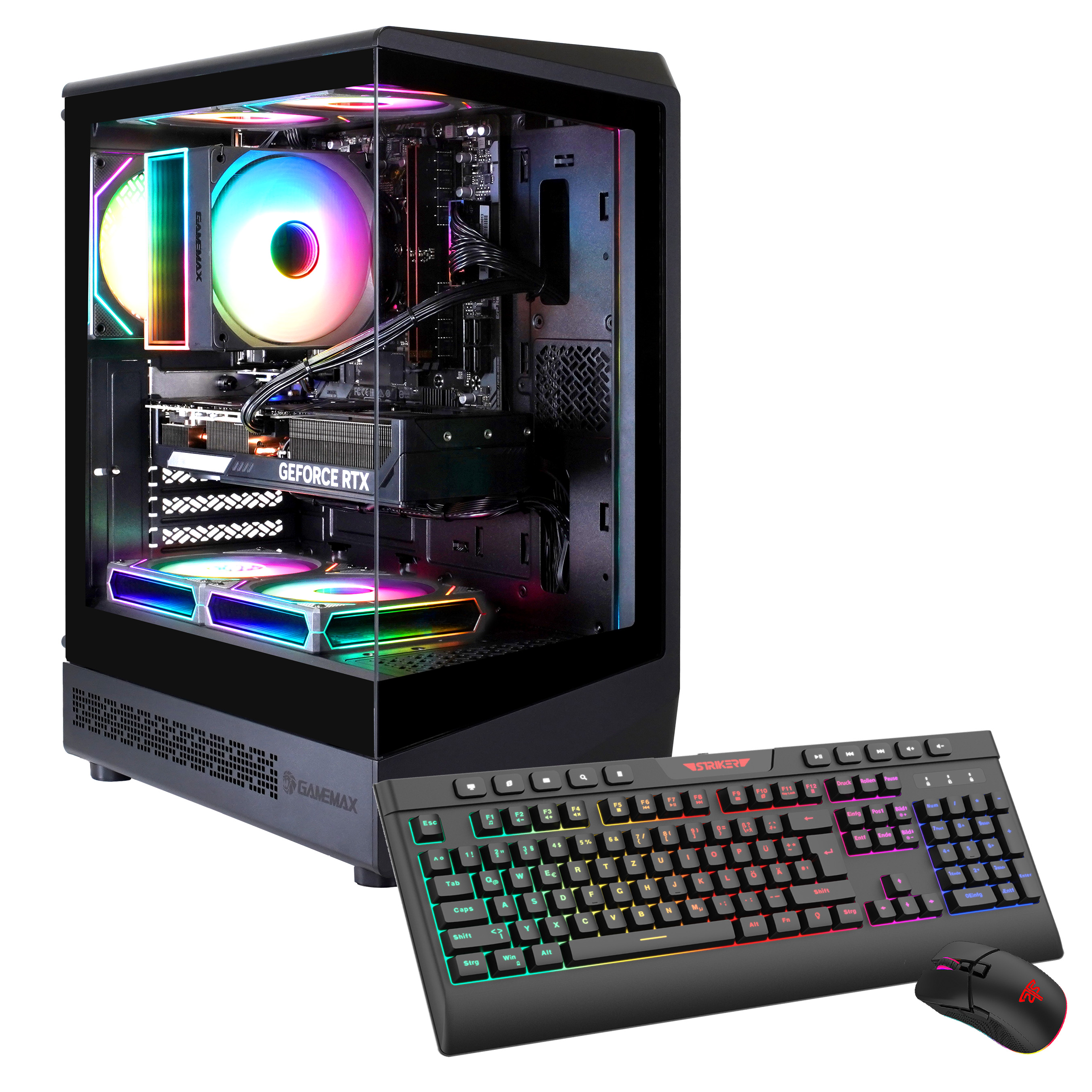Gaming-PC mit RGB-Beleuchtung, Tastatur und Maus. Der PC hat eine Glas-Seitenwand.