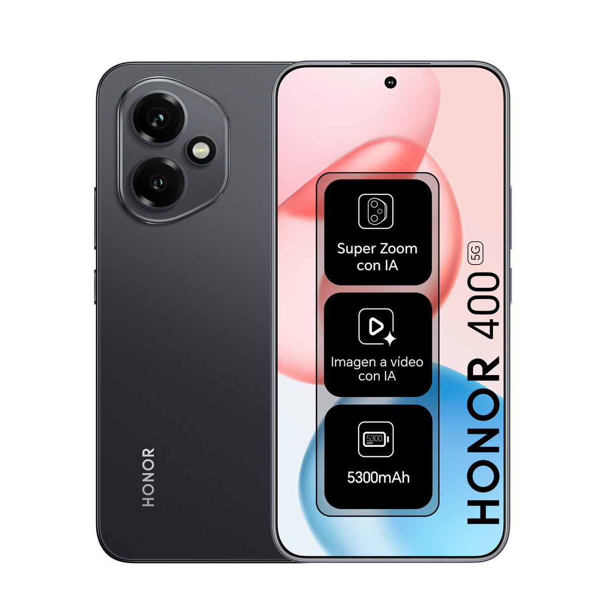 Smartfon Honor 400 z ikonami na ekranie. Czarny i ciemnoszary. Wyświetlane funkcje.