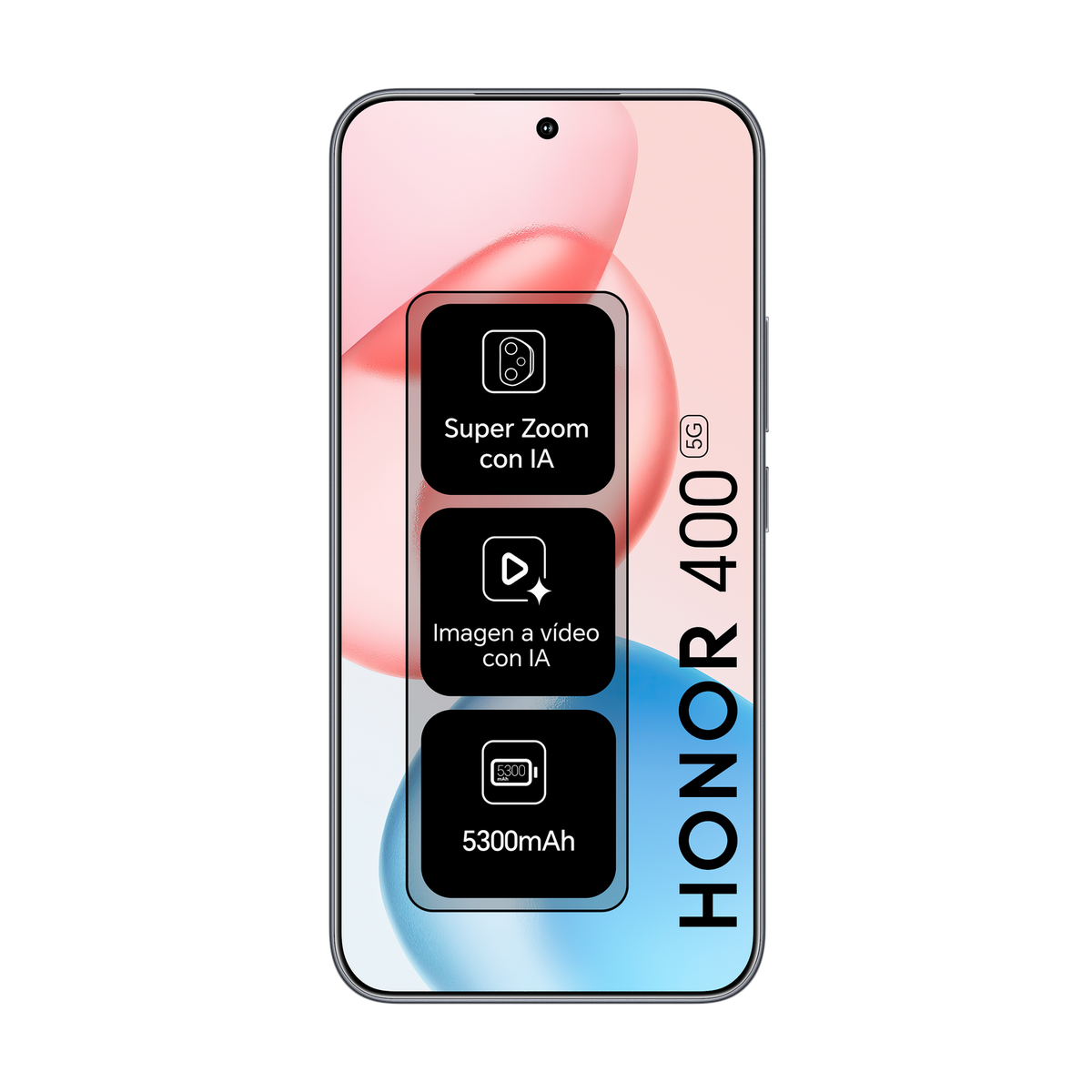 Ekran smartfona Honor 400 z ikonami funkcji. Czarne tło z różowymi i niebieskimi kształtami.