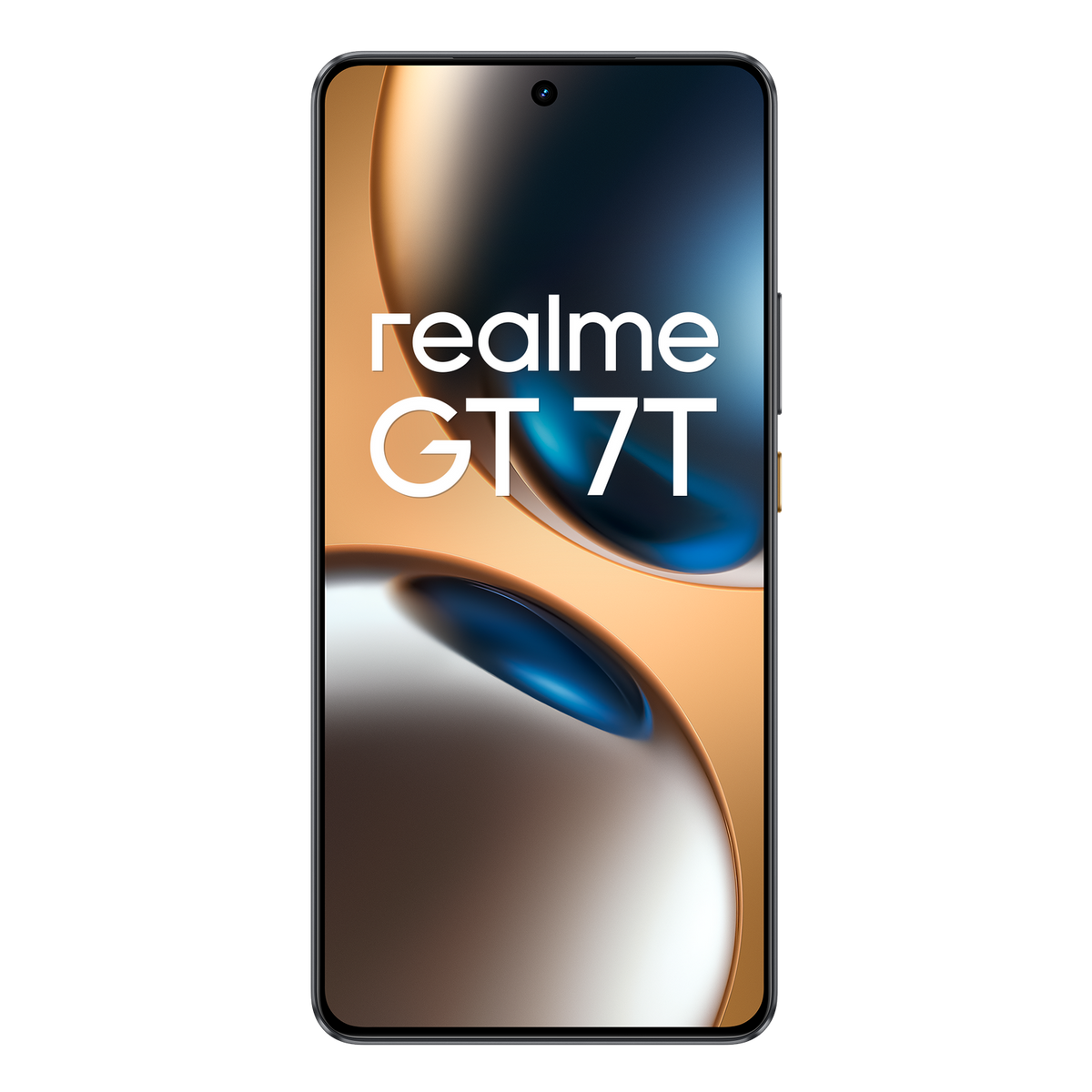 Ekran smartfona Realme GT 7T w kolorach złota i niebieskiego. Czarne tło.