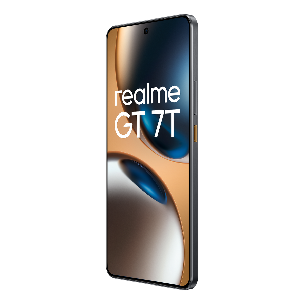 Widok z przodu smartfona, wyświetlacz pokazuje niebiesko-pomarańczowy gradient. Czarne tło.