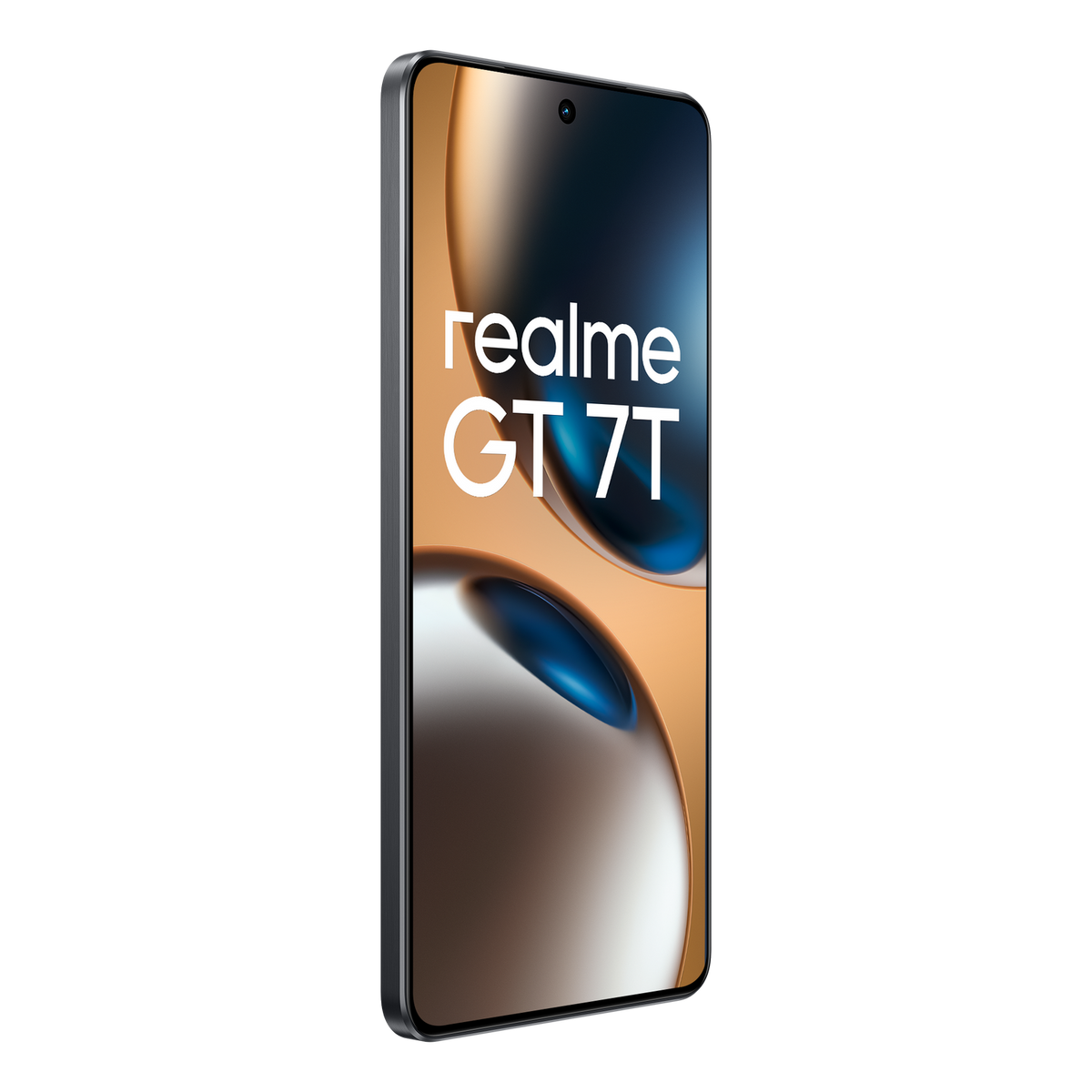 Czarny smartfon, realme GT 7T, widok pod kątem. Biały tekst na ekranie. Czarne tło.