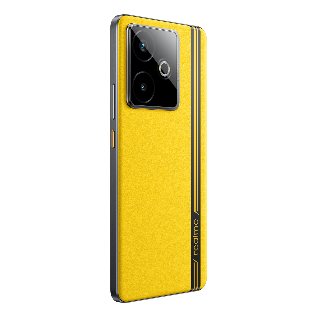 Żółty telefon z czarnymi paskami i modułem aparatu. Tekst 'realme' znajduje się z tyłu. Czarne tło.