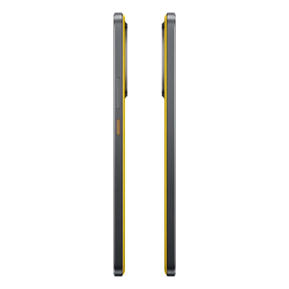 Dwa telefony obok siebie pokazujące widok z boku. Żółto-czarny telefon. Czarne tło.