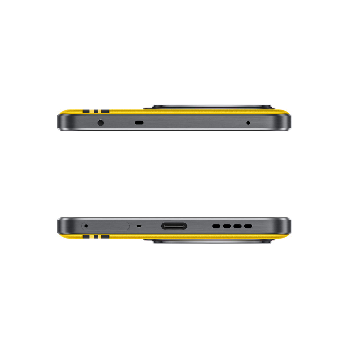 Dwa widoki góry i dołu smartfona, pokazujące porty, na czarnym tle.
