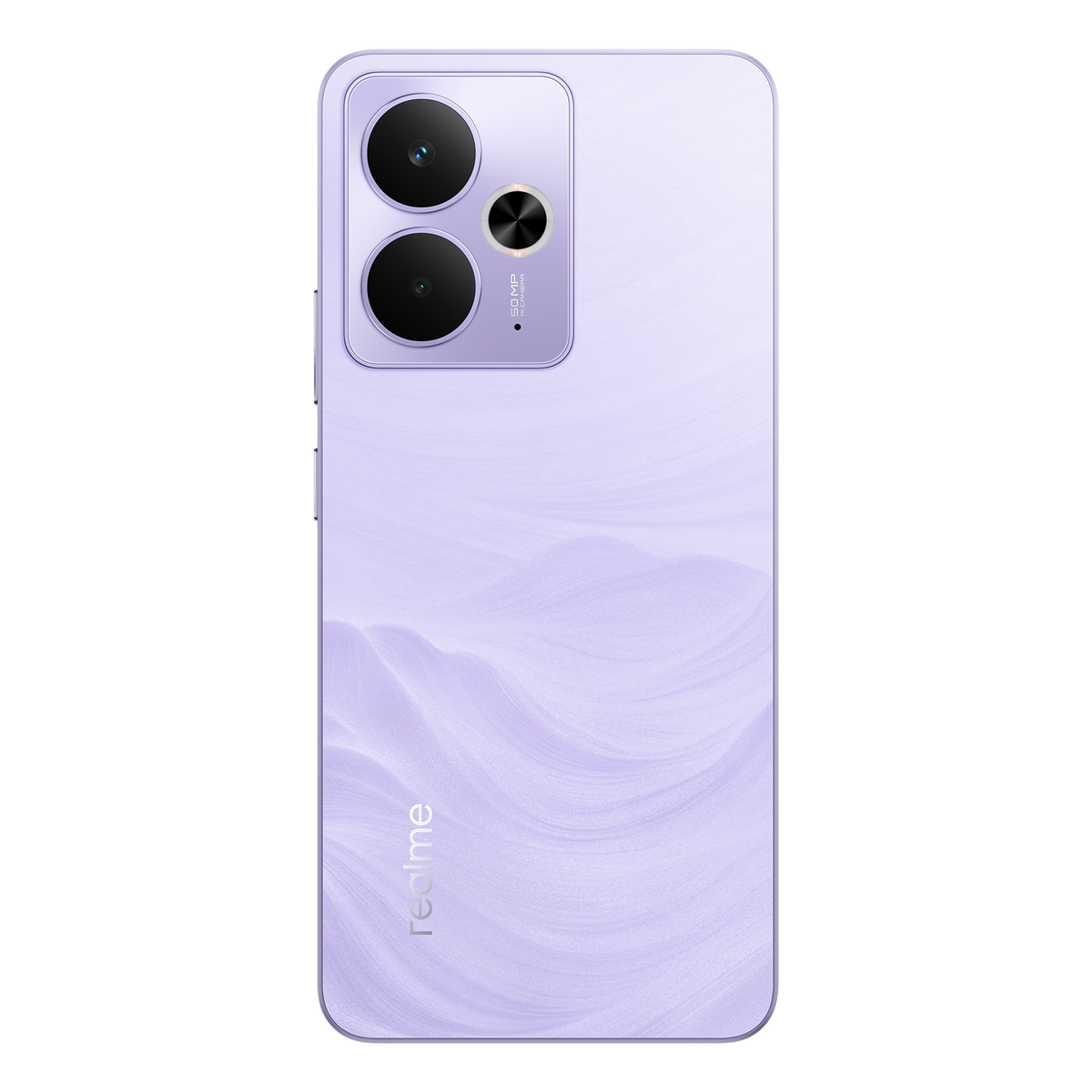 Smartphone morado con patrón ondulado en su parte trasera y logo realme. Tiene dos cámaras.