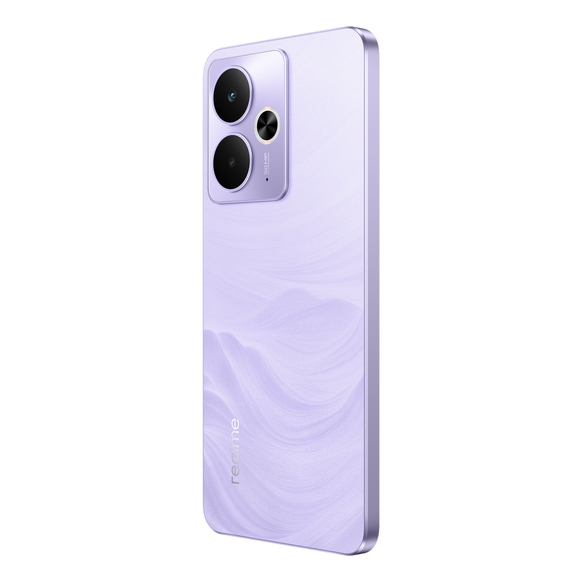 Smartphone morado, vista lateral, con cámaras duales, sobre fondo negro.