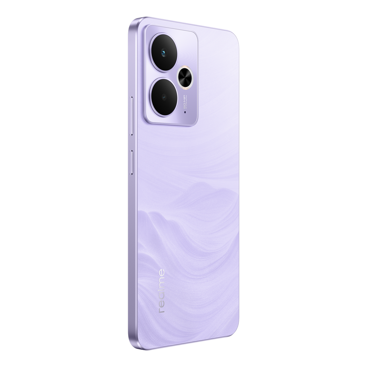 Vista trasera del teléfono púrpura. Tiene cámaras duales, logotipo de Realme y un patrón ondulado.