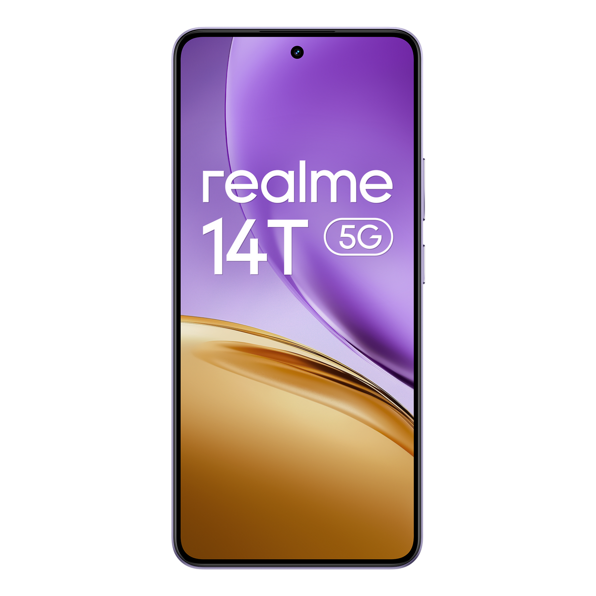 Teléfono Realme 14T 5G. El teléfono es recto, con un marco y pantalla morados.