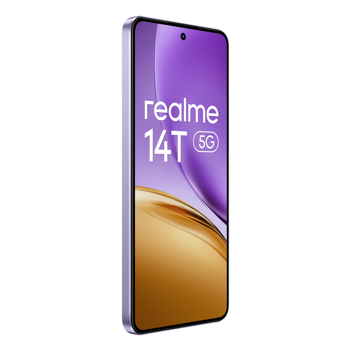 Teléfono Realme 14T 5G. Marco y pantalla morados con un fondo degradado dorado y morado.