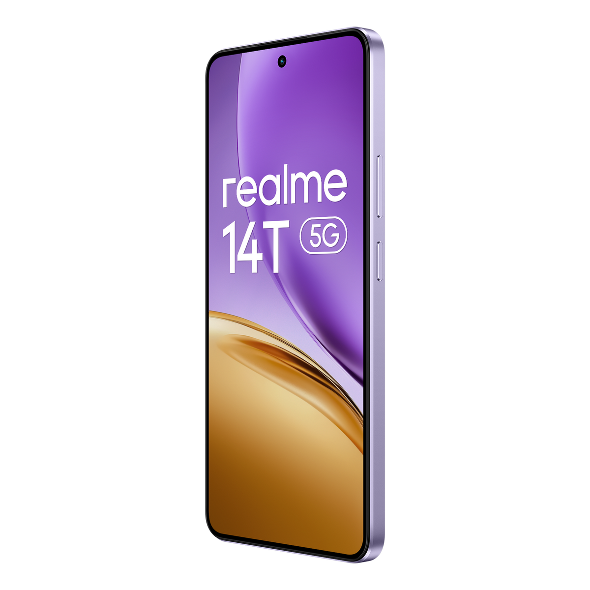Teléfono púrpura muestra pantalla con 'realme 14T 5G'. Fondo degradado oro y púrpura.