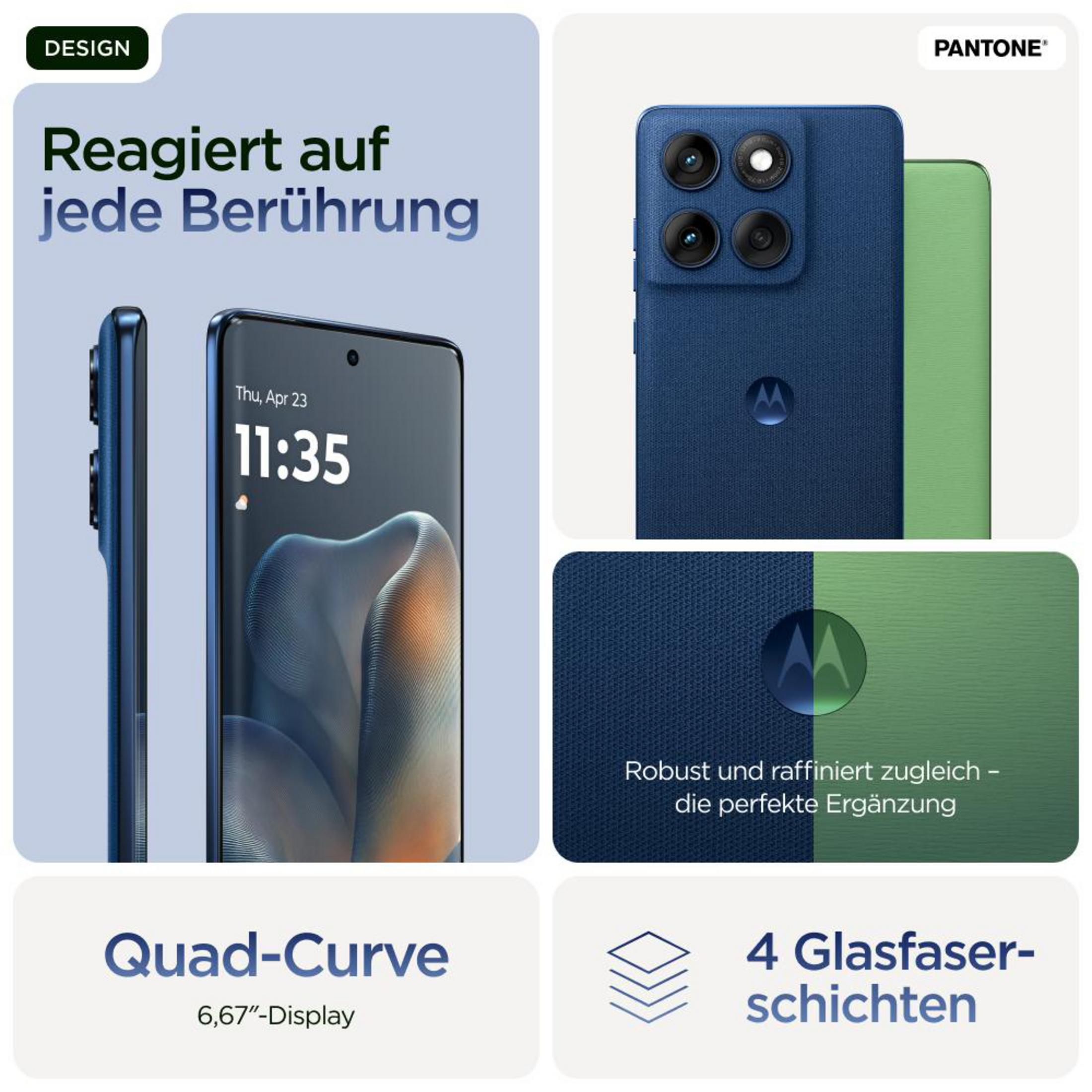 Kolaż pokazujący smartfon, szczegóły designu i funkcje, w tym wyświetlacz Quad-Curve.