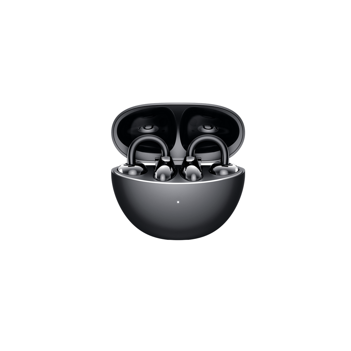 Czarne bezprzewodowe słuchawki douszne w etui ładującym na czarnym tle.