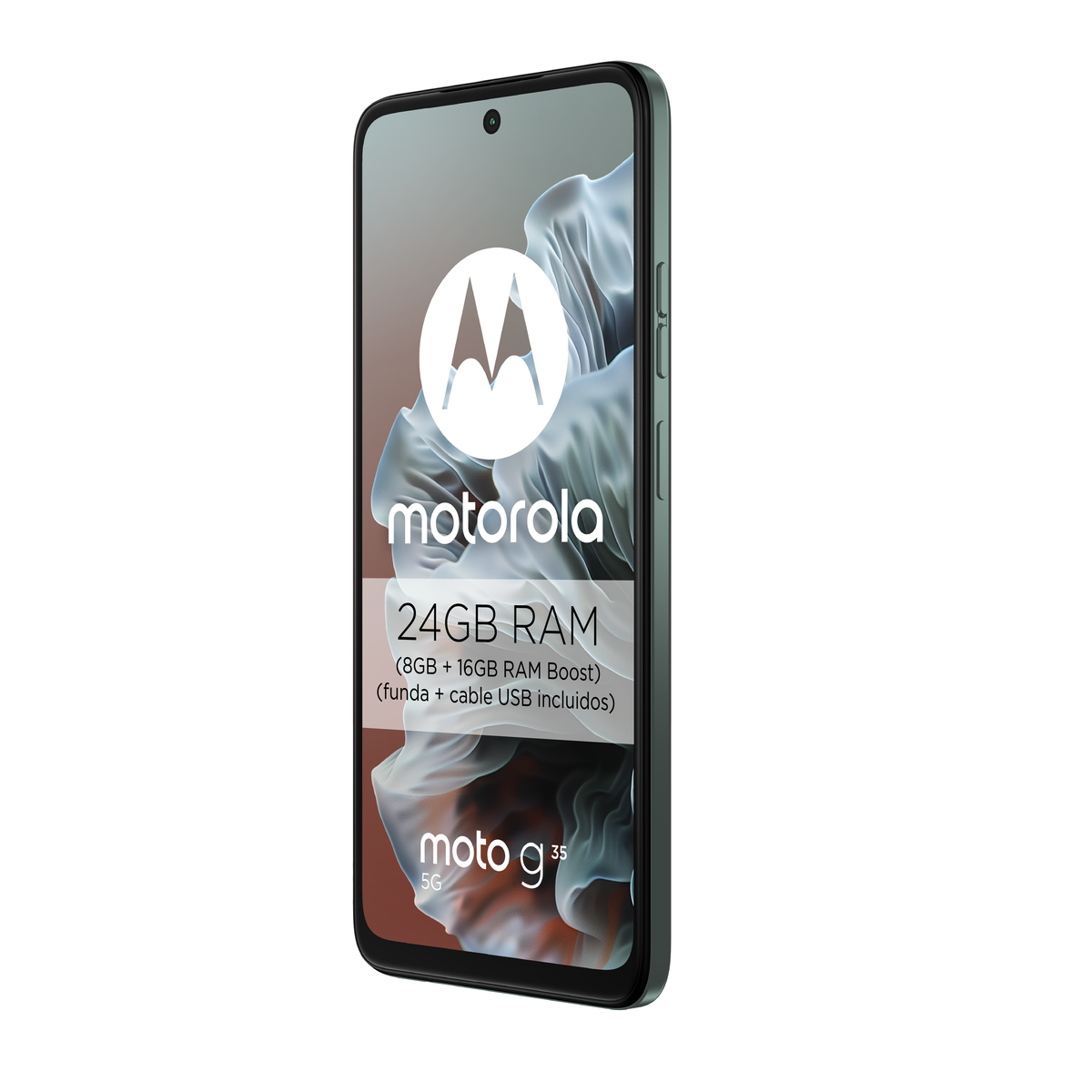 Telefon Motorola na białym tle, z ekranem wyświetlającym logo, tekst i rozmyte, artystyczne tło.