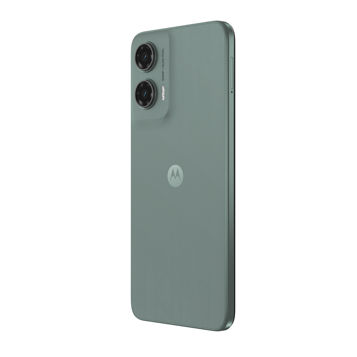 Zielony telefon Motorola z dwoma aparatami z tyłu.