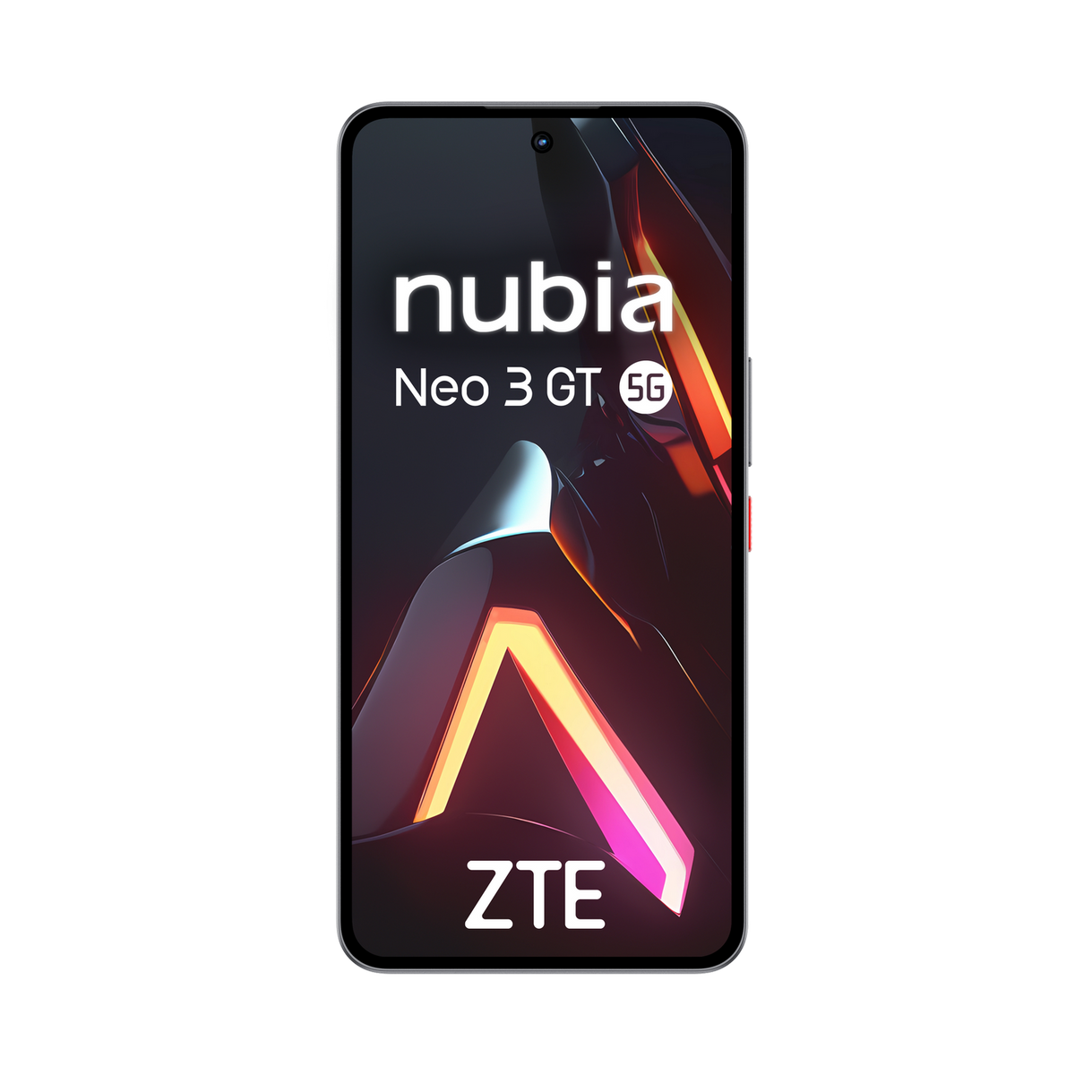 Smartfon z czarnym ekranem, wyświetlający logo "nubia Neo 3 GT 5G" i efektowny abstrakcyjny design.