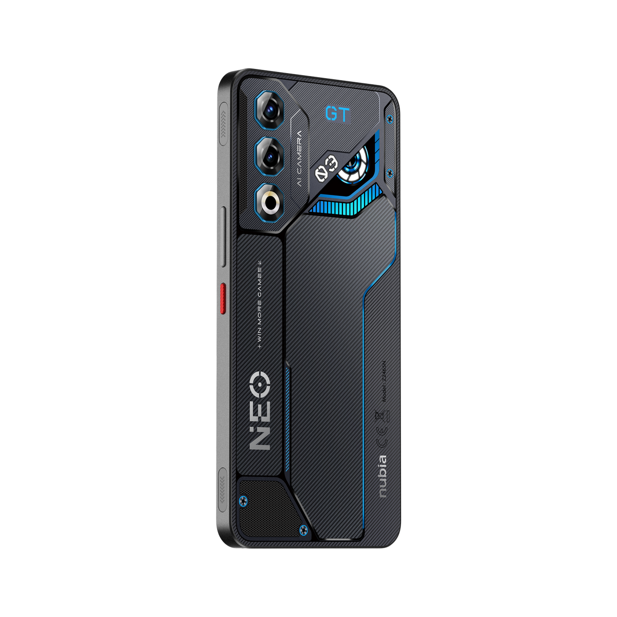 Tył czarnego smartfona, pod kątem, o technicznym designie, wielu aparatach i marce "NEO".