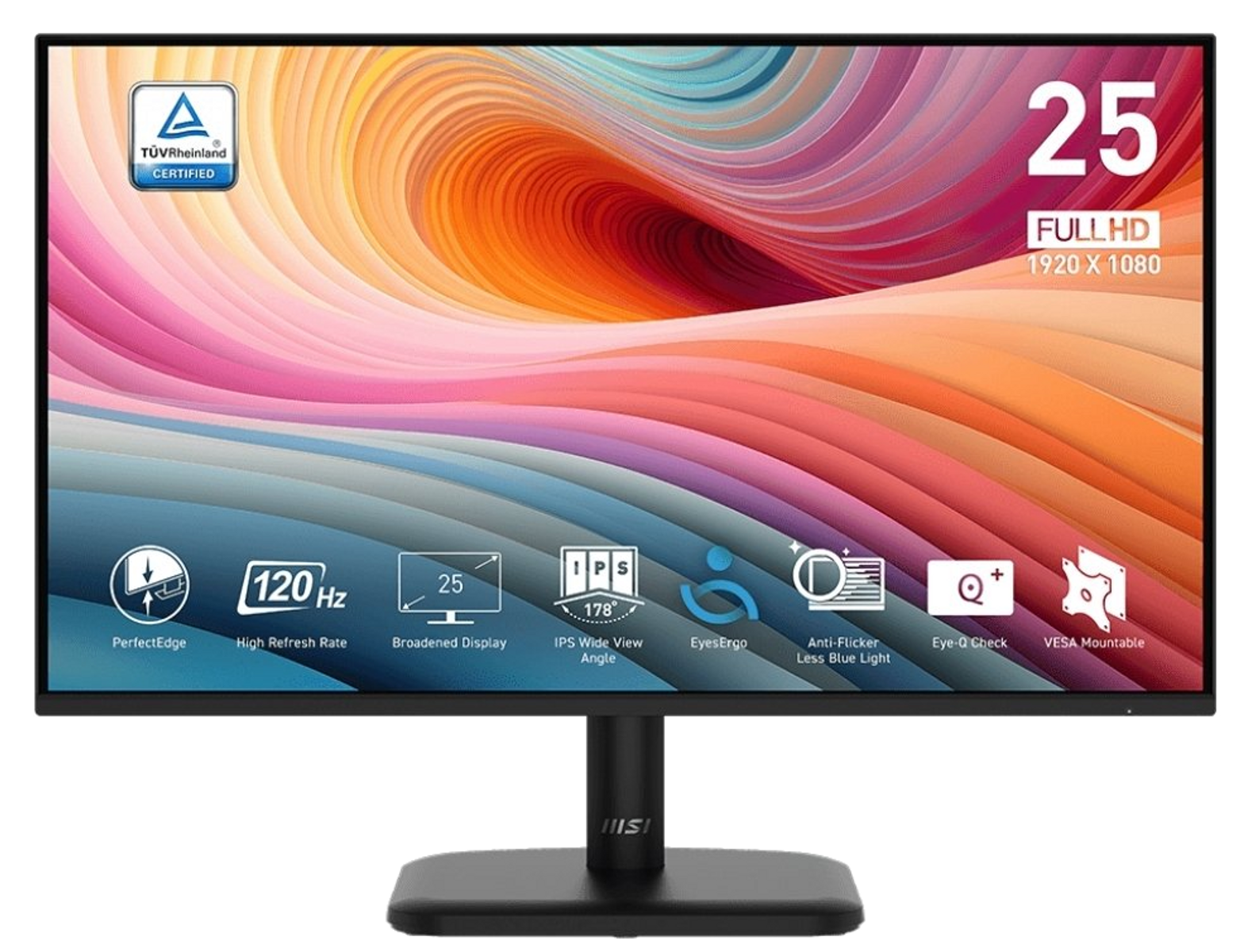 Un monitor MSI de 25" que muestra una imagen abstracta colorida, con varios iconos de funciones en la parte inferior.